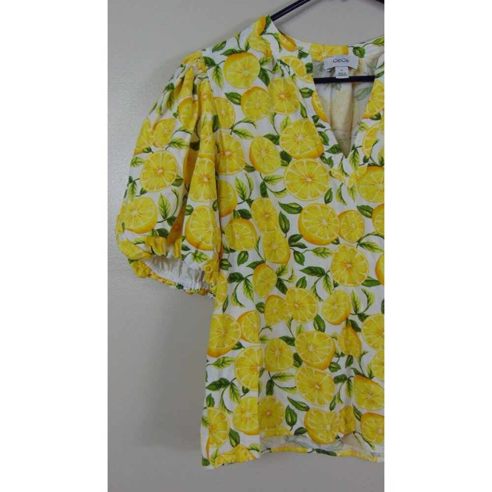 CeCe Top Womens Medium Lemon Print Puff Sleeve Linen Blend V-Neck Yellow Fruit - Picture 6 of 10